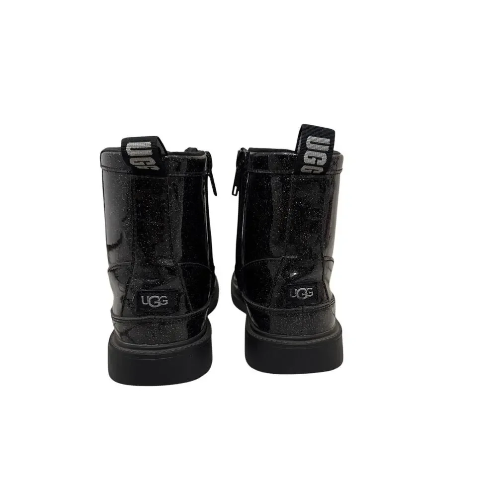 UGG Shoes Ashton Black Patent Glitter Lace Up Comat Moto Boots Size Youth 5